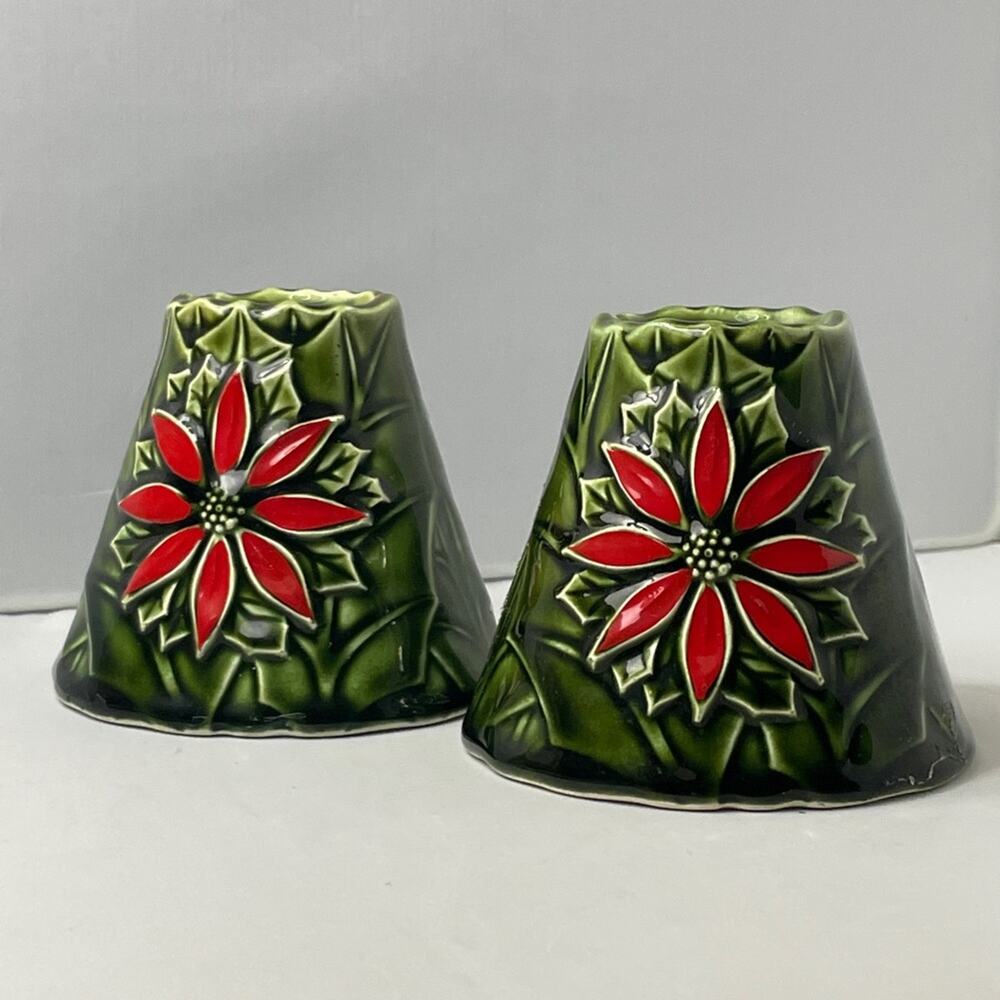 2 Vintage Enesco‎ Poinsettia Taper Candle Holders Japan